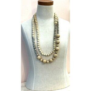 Layered Mixed Bead Necklace With Beige and Silver Tones Adjustable Clasp